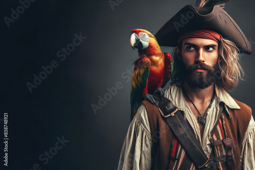 A parrot perched on a pirate's shoulder. Space for text. photo