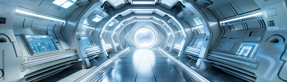 Inside a futuristic space station habitat, sleek modern architectural interiors colony Inside a futuristic space station habitat, sleek modern architectural interiors colony