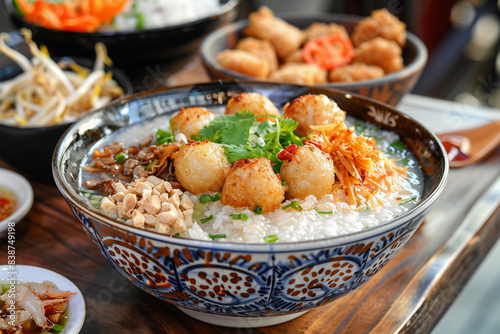 Thai rice porridge served in Thai patterns bowl.