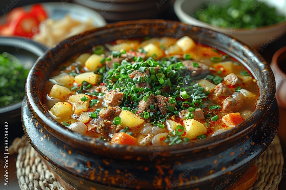 flavors of a close-up shot of traditional Asian soup, a hearty and wholesome delicacy cherished for its health benefits and authentic taste. flavors of a close-up shot of traditional Asian soup, a hearty and wholesome delicacy cherished for its health benefits and authentic taste.