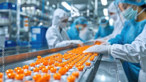 Workers in protective clothing handling medication in a modern pharmaceutical factory