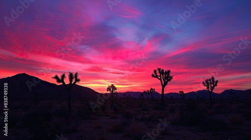 Vivid sunset over a serene desert landscape  casting silhouettes of joshua trees and mountains  