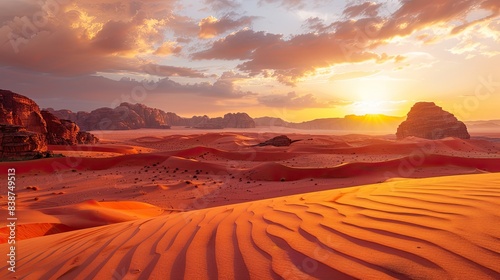 Warm sunset light over vast desert landscape featuring dunes and rock formation  