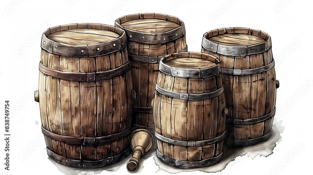 Isolated high-angle illustration of old wooden barrels Isolated high-angle illustration of old wooden barrels