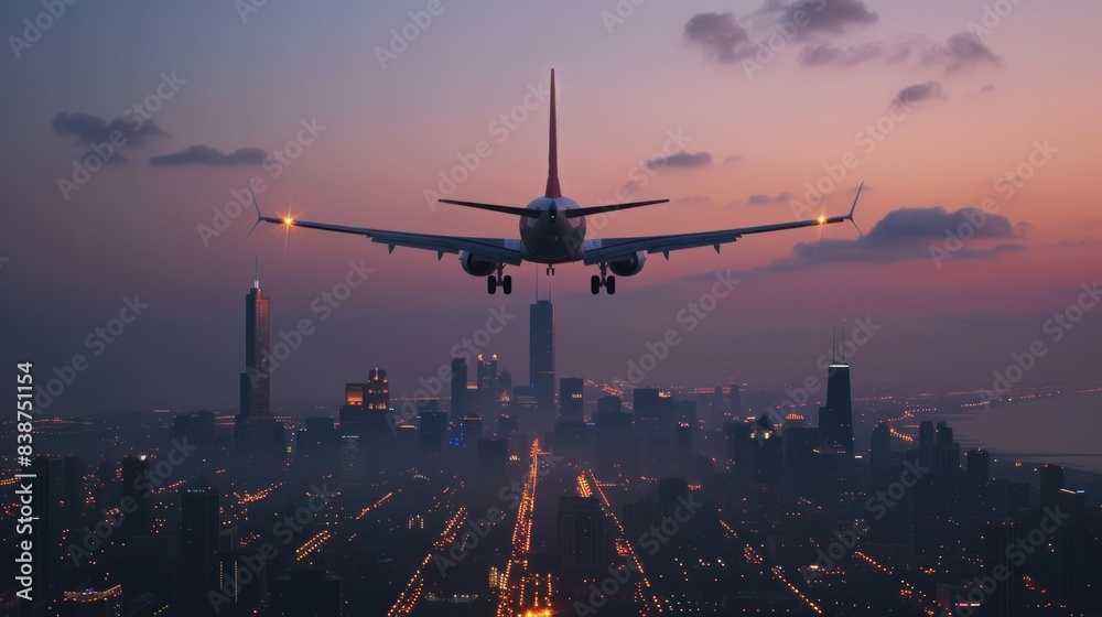 Commercial airplane flying over a city skyline at dusk Commercial airplane flying over a city skyline at dusk