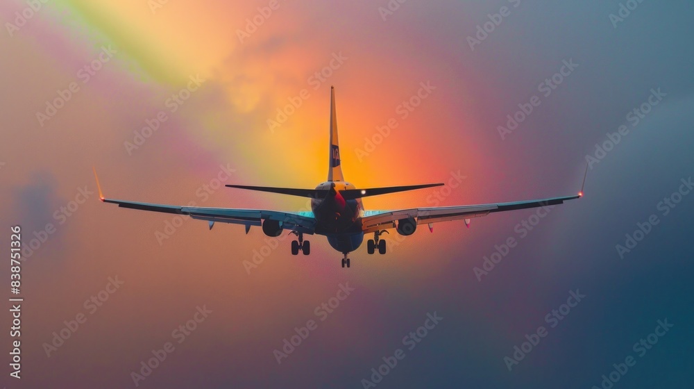 Commercial airplane in flight with a rainbow in the background Commercial airplane in flight with a rainbow in the background