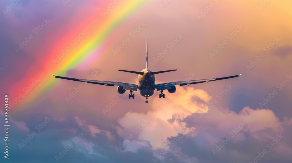 Commercial airplane in flight with a rainbow in the background Commercial airplane in flight with a rainbow in the background