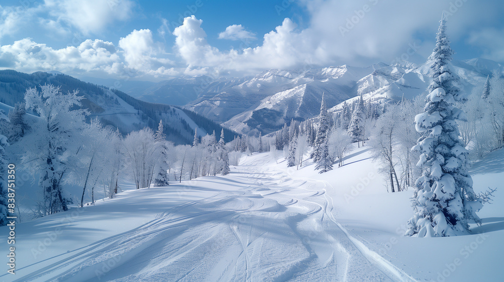 Fototapeta premium Winter snow-covered mountains, ski trails winding through, blue sky and white clouds