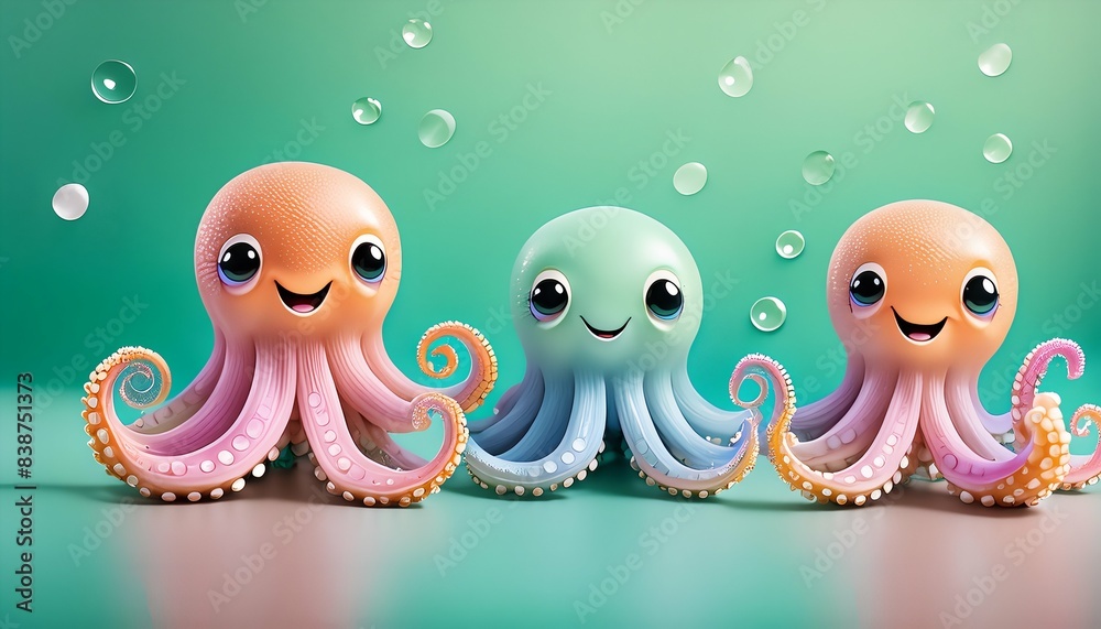 Obraz premium Three adorable, colorful cartoon octopuses smile happily amidst floating bubbles. This playful and cheerful image is perfect for children's designs.