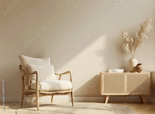 Beige armchair with pillow in a cozy home interior of a living room by a warm beige wall, elegant personal accessories and a modern wooden sideboard cabinet photo