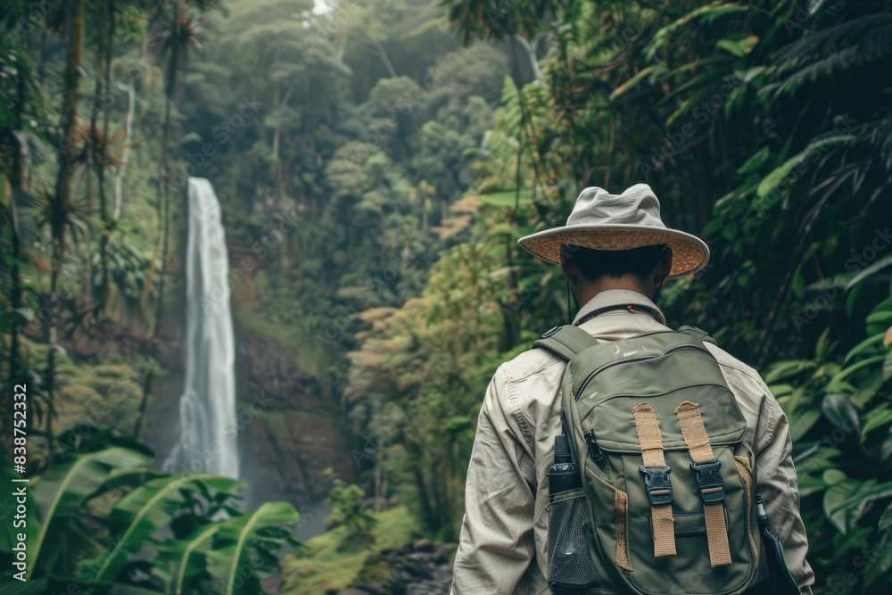 A traveler with a backpack admiring at a majestic waterfall in a lush tropical forest setting
