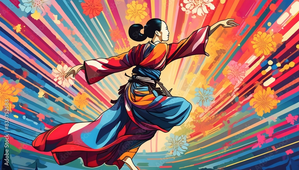 A vibrant digital illustration of a samurai warrior in a dynamic action pose, surrounded by colorful rays and floral patterns. 