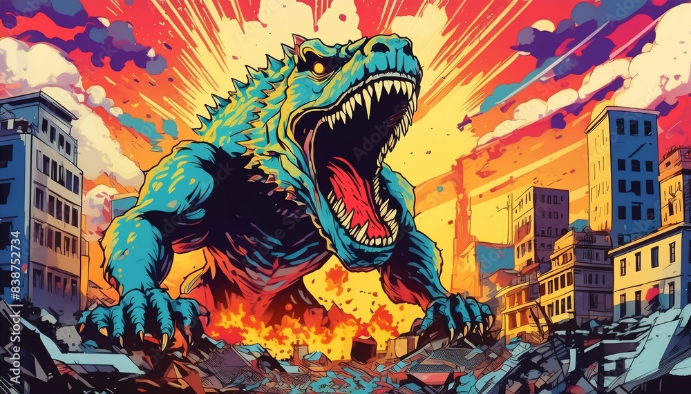 A vibrant abstract painting depicting a giant monster attacking a city. The dynamic use of bold colors and dramatic composition evokes a sense of chaos and excitement.