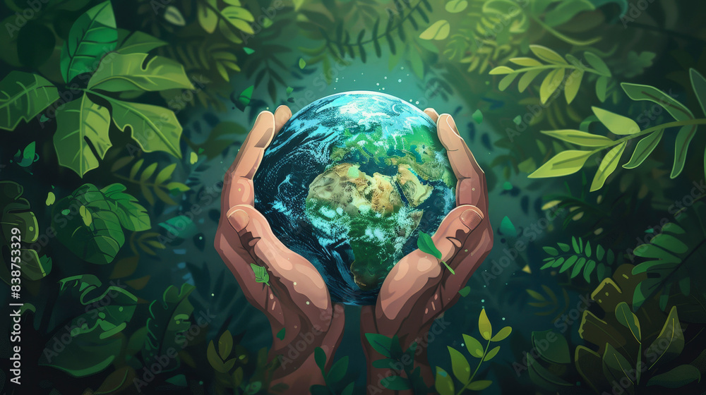 Hands gently cradle the Earth amidst lush green foliage, symbolizing the protection and care for our planet's environment. Hands gently cradle the Earth amidst lush green foliage, symbolizing the protection and care for our planet's environment.