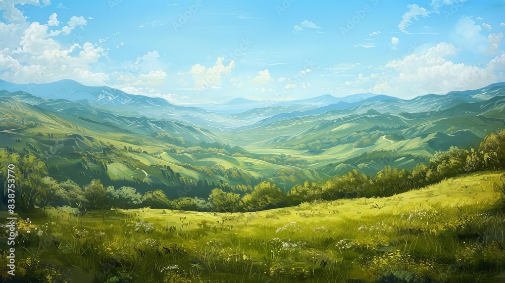 Obraz premium Panoramic view of a serene mountain landscape, lush green valleys, clear blue sky, oil painting style, rich textures, warm and inviting colors, capturing the peacefulness of nature