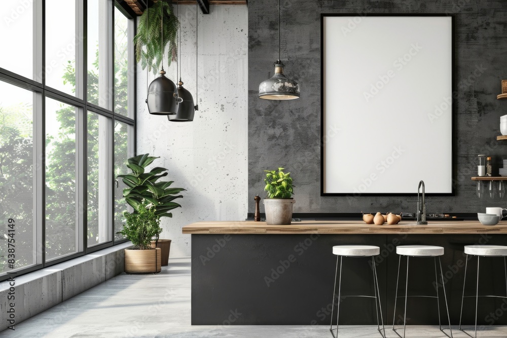 Fototapeta premium Poster mockup in scandinavian kitchen interior created with generative ai