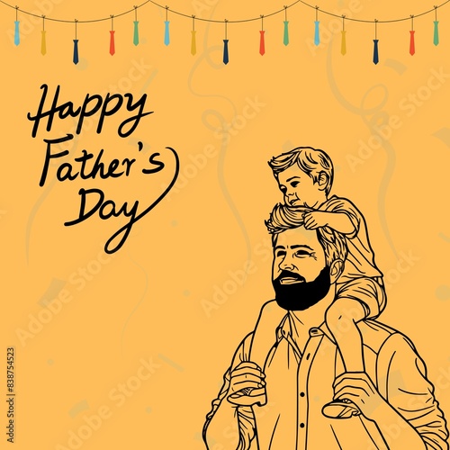 Charming Father's Day illustration showcasing a father carrying his child on his shoulders against a warm yellow background. The design features colorful hanging ties and "Happy Father's Day