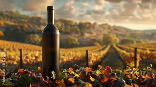 A bottle of red wine sits in a lush, green vineyard. The sun is setting, casting a warm glow over the scene.