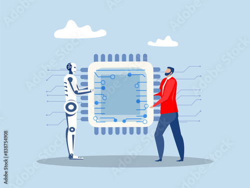 Semiconductor and computer chip supply chain,  businessman with robbot cooperation computer chip with creative for solution shortage electronics manufacturing problem concept