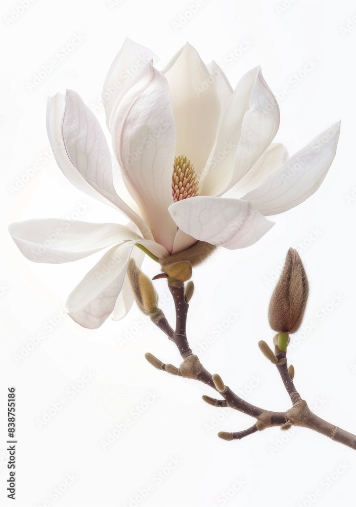 Obraz premium A single white magnolia flower is in bloom on a branch with several buds. The flower is in focus and appears delicate and pristine against a stark white background. This image is simple and easy for