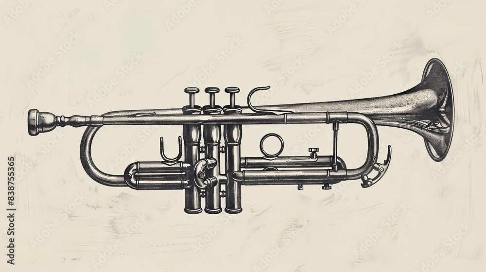 Side view of a jazz trumpet, hand-drawn, monochrome, finely detailed, engraved vintage sketch, capturing the elegance of classical jazz instruments Side view of a jazz trumpet, hand-drawn, monochrome, finely detailed, engraved vintage sketch, capturing the elegance of classical jazz instruments