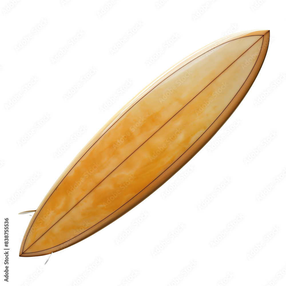 A classic wooden surfboard with a yellow and orange marbled finish. Isolated on transparent background. A classic wooden surfboard with a yellow and orange marbled finish. Isolated on transparent background.