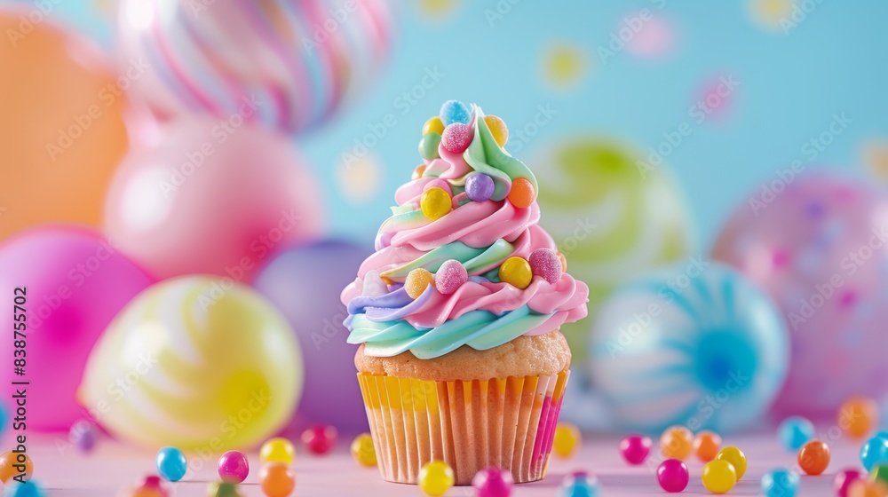 whimsical ice cream cupcake, rainbow sherbet flavor with colorful candy toppings, in a playful, vibrant setting. Background features cartoon-like decorations and balloons. Bright, playful lighting