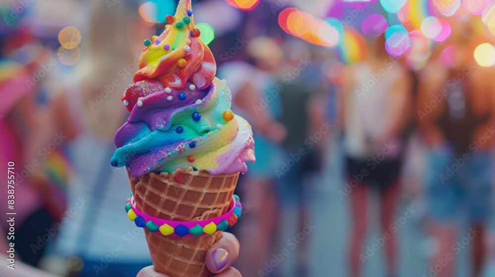 custom made wallpaper toronto digitalA close-up shot of a melting rainbow ice cream in a cone, with LGBTQ+ pride bracelets around the cone. Background is a blurred pride parade with people celebrating. Bright, energetic lighting
