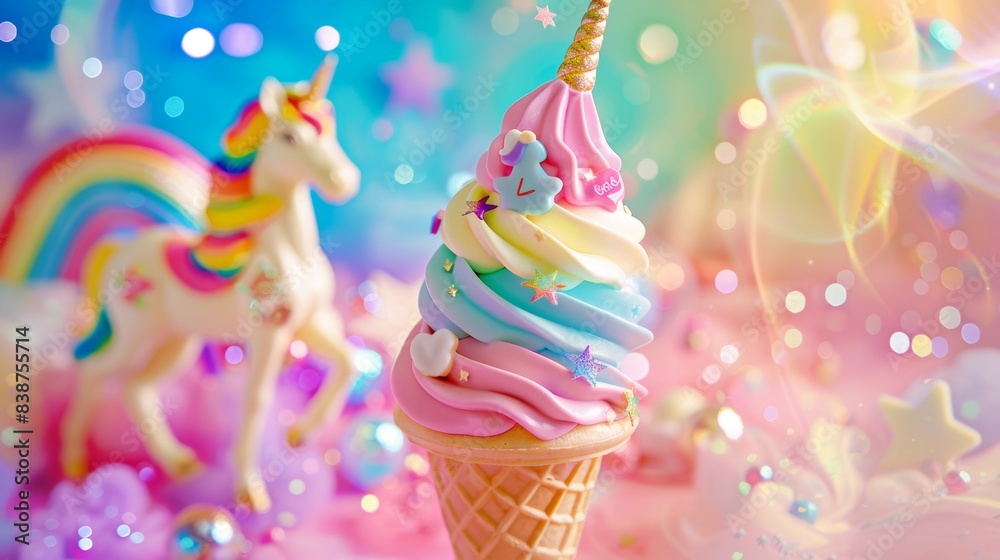 custom made wallpaper toronto digitalA whimsical illustration of a rainbow-colored ice cream cone with LGBTQ+ pride symbols, set against a magical, fairy-tale background. Background includes unicorns, rainbows, and glittering stars.