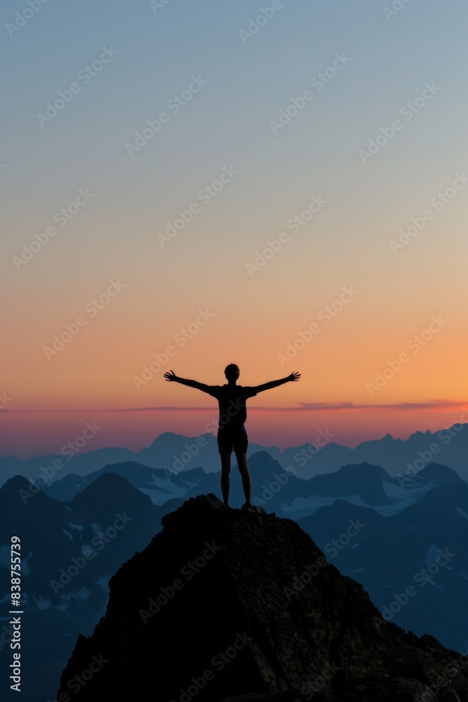 Silhouette of a person standing triumphantly with arms outstretched on a rugged mountain peak. Silhouette of a person standing triumphantly with arms outstretched on a rugged mountain peak.