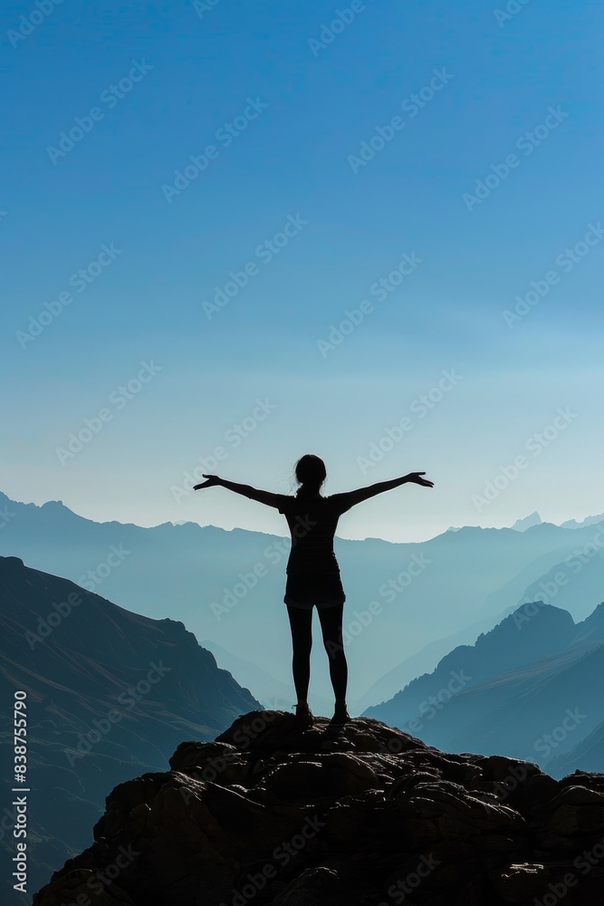 Silhouette of a person standing triumphantly with arms outstretched on a rugged mountain peak. Silhouette of a person standing triumphantly with arms outstretched on a rugged mountain peak.