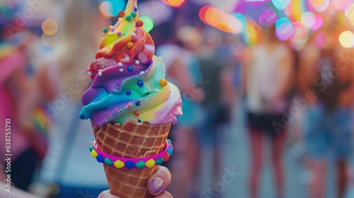 Wallpaper Mural A close-up shot of a melting rainbow ice cream in a cone, with LGBTQ+ pride bracelets around the cone. Background is a blurred pride parade with people celebrating. Bright, energetic lighting Torontodigital.ca