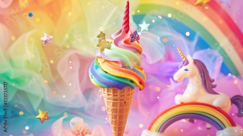 Wallpaper Mural A whimsical illustration of a rainbow-colored ice cream cone with LGBTQ+ pride symbols, set against a magical, fairy-tale background. Background includes unicorns, rainbows, and glittering stars. Torontodigital.ca