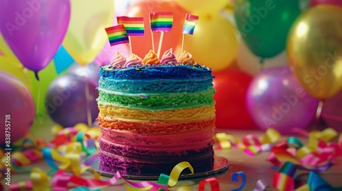 Wallpaper Mural A photograph of a rainbow-layered cake with vibrant frosting, decorated with LGBTQ+ pride flags. Background includes a festive party setting with colorful balloons and streamers. Bright, joyful Torontodigital.ca