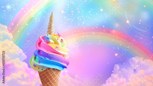 Wallpaper Mural A whimsical illustration of a rainbow-colored ice cream cone with LGBTQ+ pride symbols, set against a magical, fairy-tale background. Background includes unicorns, rainbows, and glittering stars. Torontodigital.ca
