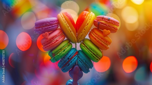 Wallpaper Mural A close-up shot of rainbow-colored macarons arranged in a heart shape, with LGBTQ+ pride symbols around them. Background features a blurred pride parade with people celebrating. Energetic, bright Torontodigital.ca