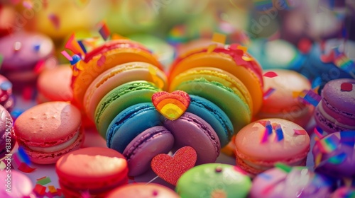 Wallpaper Mural A close-up shot of rainbow-colored macarons arranged in a heart shape, with LGBTQ+ pride symbols around them. Background features a blurred pride parade with people celebrating. Energetic, bright Torontodigital.ca