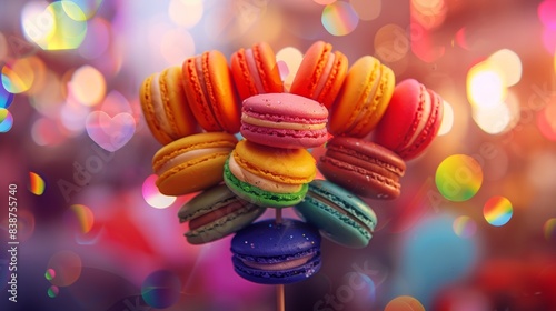 Wallpaper Mural A close-up shot of rainbow-colored macarons arranged in a heart shape, with LGBTQ+ pride symbols around them. Background features a blurred pride parade with people celebrating. Energetic, bright Torontodigital.ca