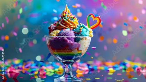 Wallpaper Mural An artistic representation of a rainbow-colored ice cream sundae with LGBTQ+ pride decorations, served in a clear glass bowl. Background is an abstract, colorful depiction of pride symbols and Torontodigital.ca