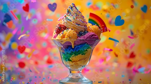 Wallpaper Mural An artistic representation of a rainbow-colored ice cream sundae with LGBTQ+ pride decorations, served in a clear glass bowl. Background is an abstract, colorful depiction of pride symbols and Torontodigital.ca