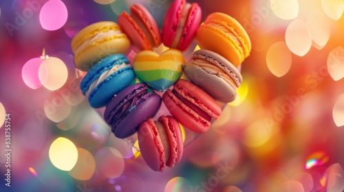 Wallpaper Mural A close-up shot of rainbow-colored macarons arranged in a heart shape, with LGBTQ+ pride symbols around them. Background features a blurred pride parade with people celebrating. Energetic, bright Torontodigital.ca