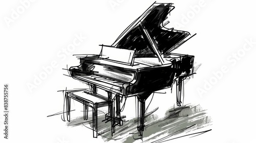 Sketchy doodle of a piano, frontal view, hand-drawn, isolated on a white background, playful lines, artistic and simplified, perfect for a creative and fun design photo