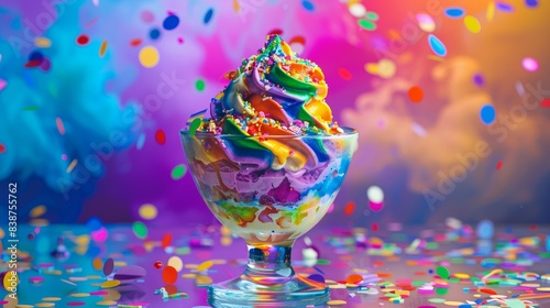 Wallpaper Mural An artistic representation of a rainbow-colored ice cream sundae with LGBTQ+ pride decorations, served in a clear glass bowl. Background is an abstract, colorful depiction of pride symbols and Torontodigital.ca