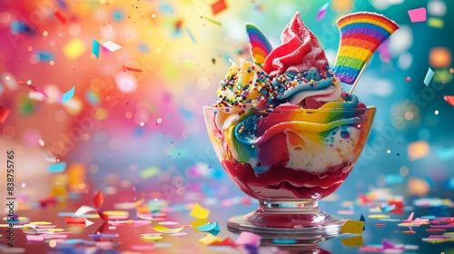 Wallpaper Mural An artistic representation of a rainbow-colored ice cream sundae with LGBTQ+ pride decorations, served in a clear glass bowl. Background is an abstract, colorful depiction of pride symbols and Torontodigital.ca