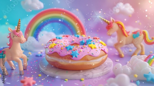 Wallpaper Mural A whimsical illustration of a rainbow-colored donut with LGBTQ+ pride symbols, set against a magical, fairy-tale background. Background includes unicorns, rainbows, and glittering stars. Bright, Torontodigital.ca