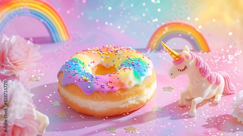 Wallpaper Mural A whimsical illustration of a rainbow-colored donut with LGBTQ+ pride symbols, set against a magical, fairy-tale background. Background includes unicorns, rainbows, and glittering stars. Bright, Torontodigital.ca