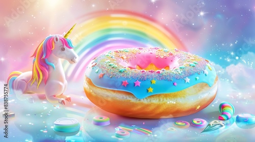 Wallpaper Mural A whimsical illustration of a rainbow-colored donut with LGBTQ+ pride symbols, set against a magical, fairy-tale background. Background includes unicorns, rainbows, and glittering stars. Bright, Torontodigital.ca