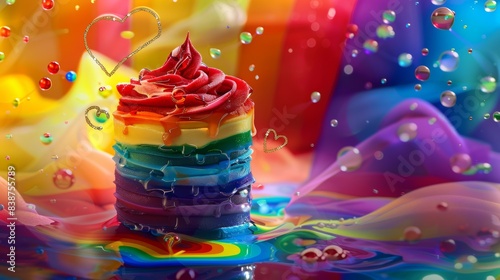 Wallpaper Mural An artistic representation of a rainbow-colored pudding dessert with layers of different colors, adorned with LGBTQ+ pride decorations. Background is an abstract, colorful depiction of pride symbols Torontodigital.ca