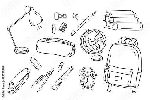 School stationary outline doodle set with all related items. Monochrome educational outline stickers. Clipart of sketchy contour drawings isolated on white background