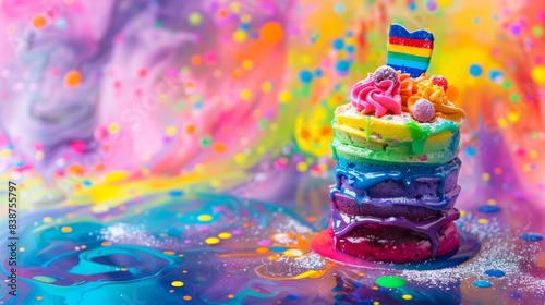 Wallpaper Mural An artistic representation of a rainbow-colored pudding dessert with layers of different colors, adorned with LGBTQ+ pride decorations. Background is an abstract, colorful depiction of pride symbols Torontodigital.ca